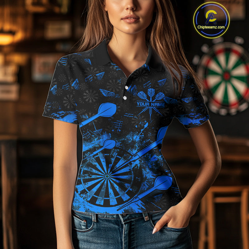 Black And Blue Grunge Darts Polo, Quarter Zip For Women Custom Dart Shirts For Team, Dart Jerseys TDM5153
