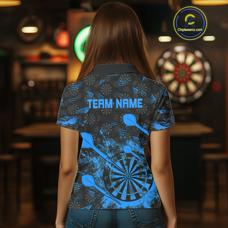 Black And Blue Grunge Darts Polo, Quarter Zip For Women Custom Dart Shirts For Team, Dart Jerseys TDM5153