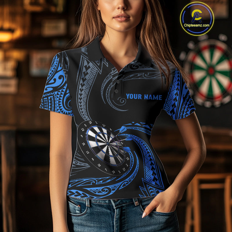 Personalized Blue Tribal Polynesian Womens Dart Shirts Custom Darts Polo & 1/4 Zip Team Jersey TDM5154