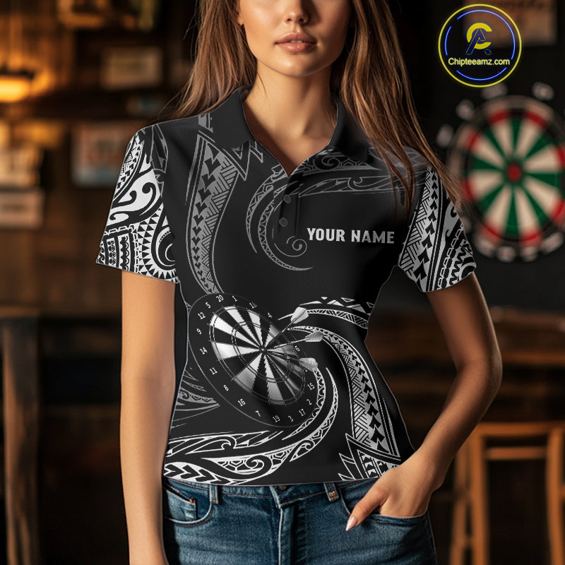 Personalized White Black Tribal Polynesian Womens Dart Shirts Custom Dart Polo & 1/4 Zip Team Jersey TDM5155
