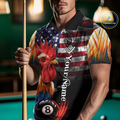 American Flag Smoke Rooster Billiard Shirt For Men Custom 8 Ball Pool Team Jersey Polo & 1/4 Zip TDM5883