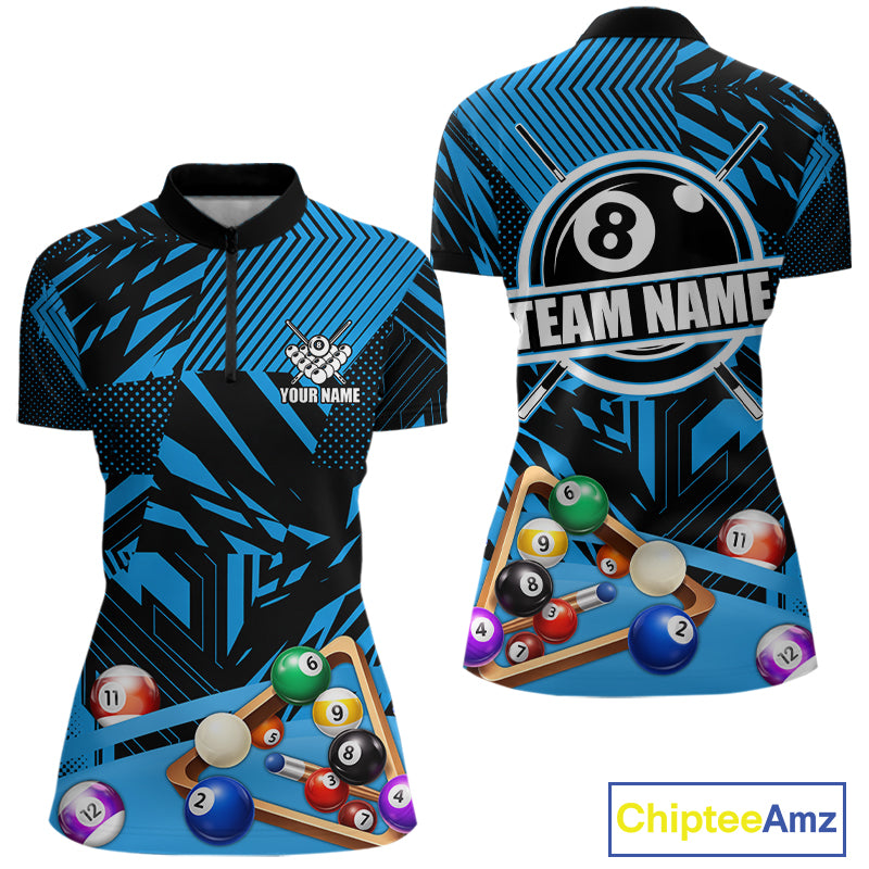 Blue 8 Ball Billiard Shirt For Women Custom Billiard Tournament Pool Team Jersey Polo & 1/4 Zip TDM6024