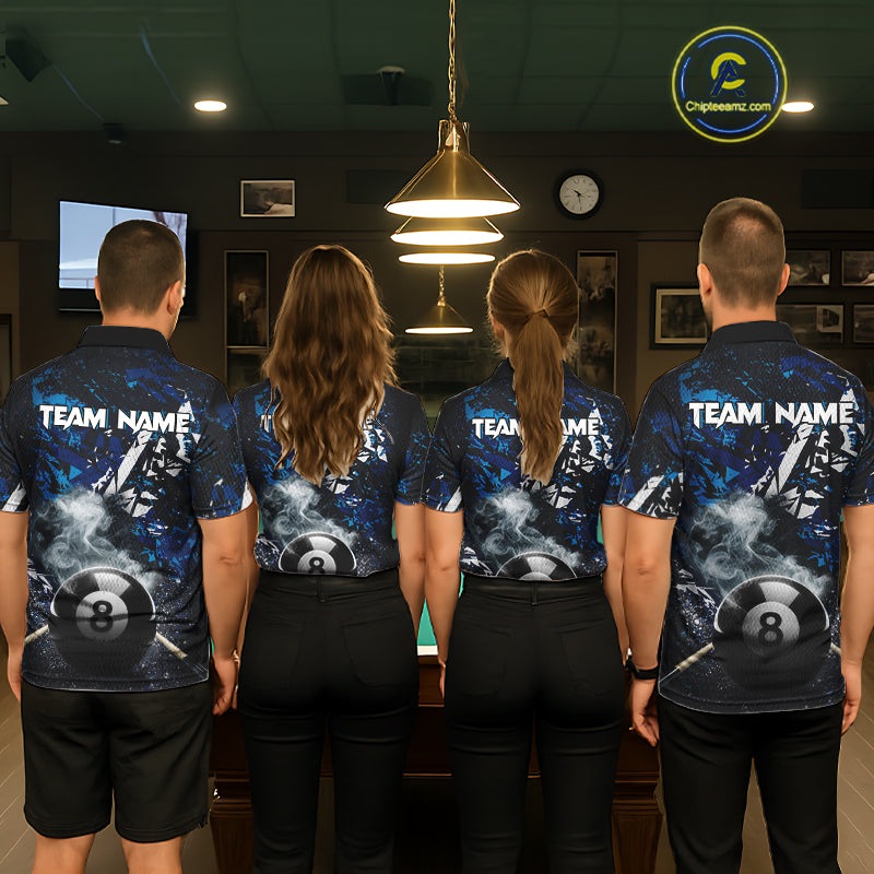 Custom Blue Camo 8 Ball Pool Smoke Billiard Shirt For Women, Billiard Team Jersey Polo & 1/4 Zip TDM6031