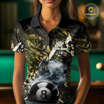 Custom Green Camo 8 Ball Pool Smoke Billiard Shirt For Women, Billiard Team Jersey Polo & 1/4 Zip TDM6032