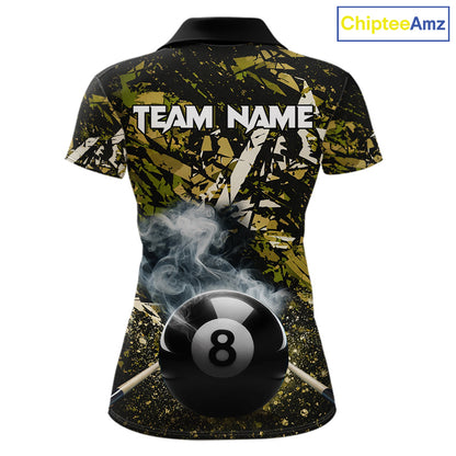 Custom Green Camo 8 Ball Pool Smoke Billiard Shirt For Women, Billiard Team Jersey Polo & 1/4 Zip TDM6032