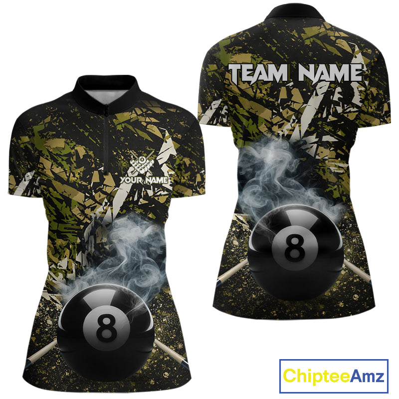 Custom Green Camo 8 Ball Pool Smoke Billiard Shirt For Women, Billiard Team Jersey Polo & 1/4 Zip TDM6032
