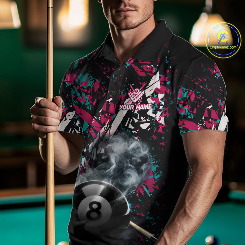 Custom Pink And Teal Camo 8 Ball Smoke Billiard Shirt For Men, Pool Team Jersey Polo & 1/4 Zip TDM6033