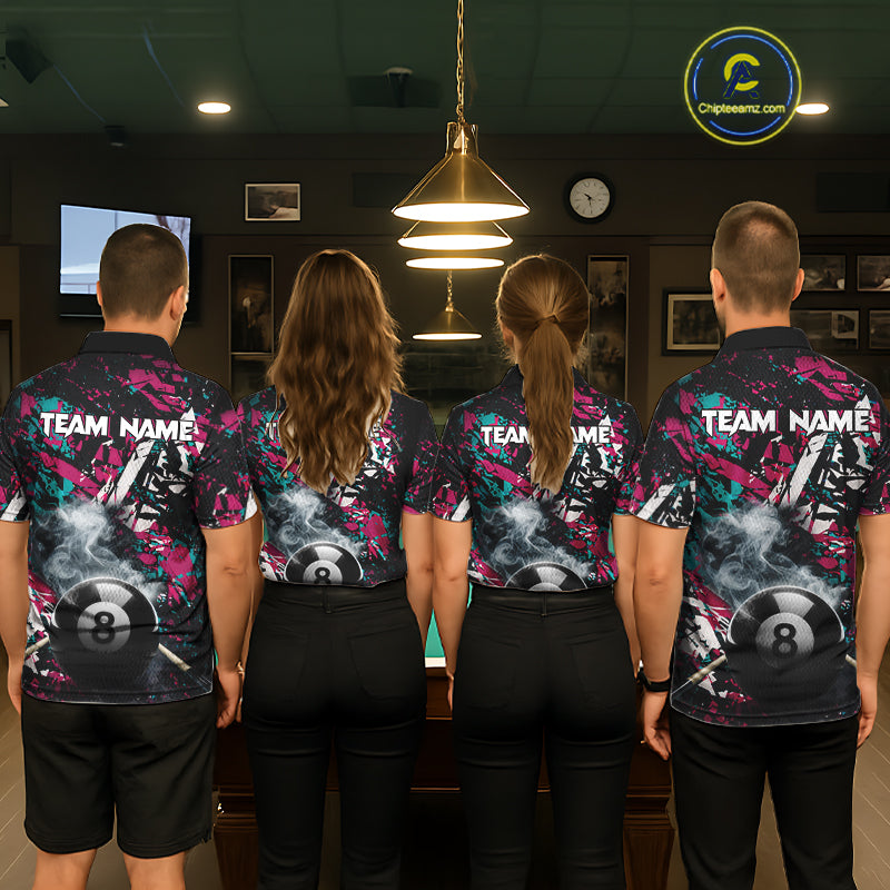 Custom Pink And Teal Camo 8 Ball Smoke Billiard Shirt For Men, Pool Team Jersey Polo & 1/4 Zip TDM6033