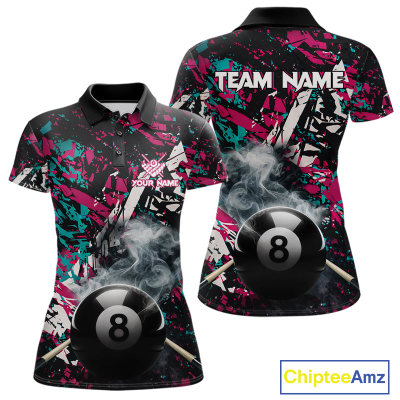Custom Pink And Teal Camo 8 Ball Smoke Billiard Shirt For Women, Pool Team Jersey Polo & 1/4 Zip TDM6033