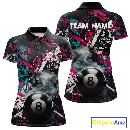 Custom Pink And Teal Camo 8 Ball Smoke Billiard Shirt For Women, Pool Team Jersey Polo & 1/4 Zip TDM6033