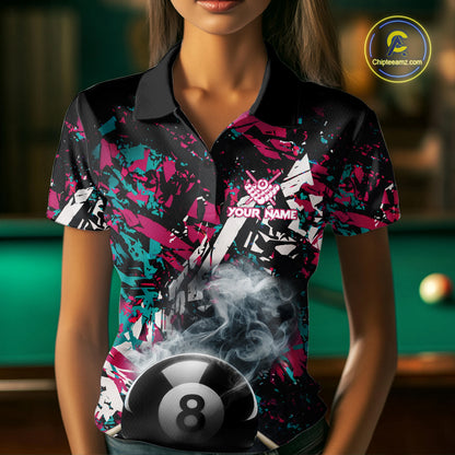 Custom Pink And Teal Camo 8 Ball Smoke Billiard Shirt For Women, Pool Team Jersey Polo & 1/4 Zip TDM6033