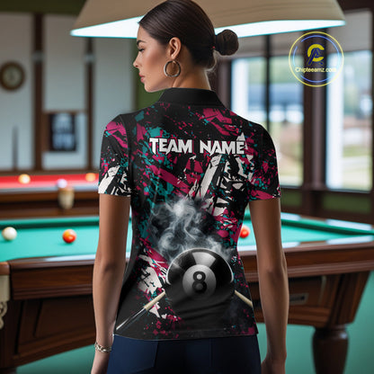 Custom Pink And Teal Camo 8 Ball Smoke Billiard Shirt For Women, Pool Team Jersey Polo & 1/4 Zip TDM6033