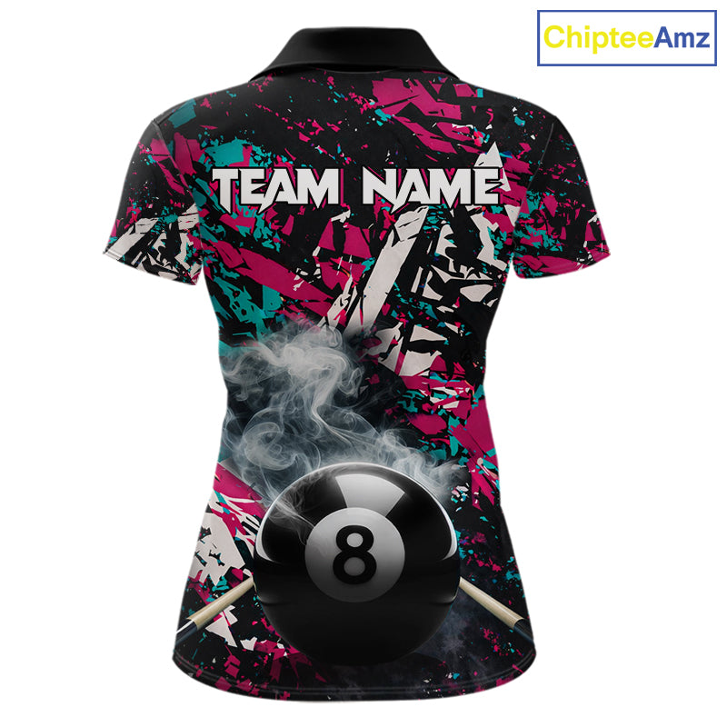 Custom Pink And Teal Camo 8 Ball Smoke Billiard Shirt For Women, Pool Team Jersey Polo & 1/4 Zip TDM6033