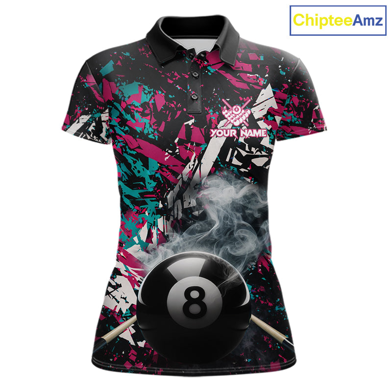 Custom Pink And Teal Camo 8 Ball Smoke Billiard Shirt For Women, Pool Team Jersey Polo & 1/4 Zip TDM6033