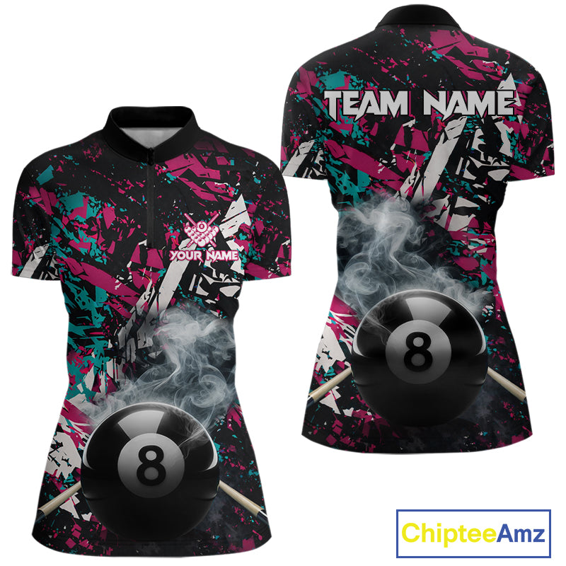 Custom Pink And Teal Camo 8 Ball Smoke Billiard Shirt For Women, Pool Team Jersey Polo & 1/4 Zip TDM6033