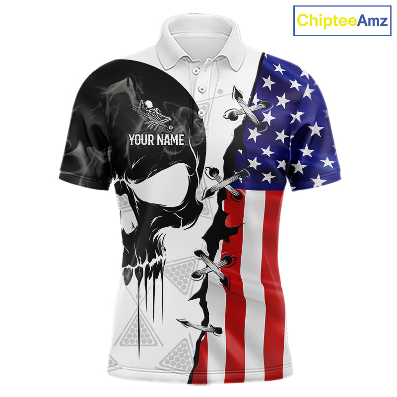 American Flag Smoke Skull Billiard Shirt For Men Custom 8 Ball Pool Team Jersey Polo & 1/4 Zip TDM6285