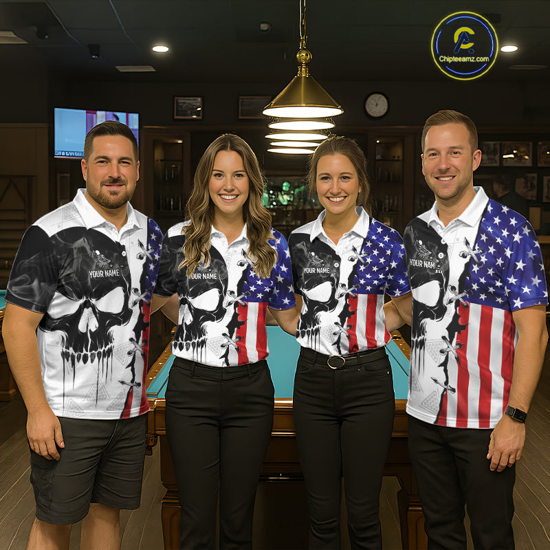 American Flag Smoke Skull Billiard Shirt For Men Custom 8 Ball Pool Team Jersey Polo & 1/4 Zip TDM6285