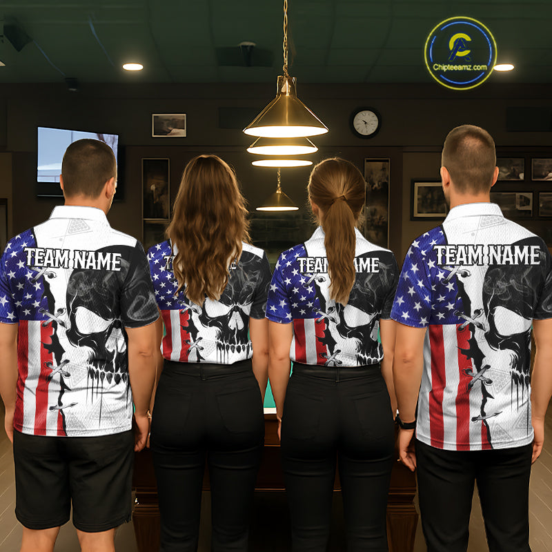 American Flag Smoke Skull Billiard Shirt For Men Custom 8 Ball Pool Team Jersey Polo & 1/4 Zip TDM6285