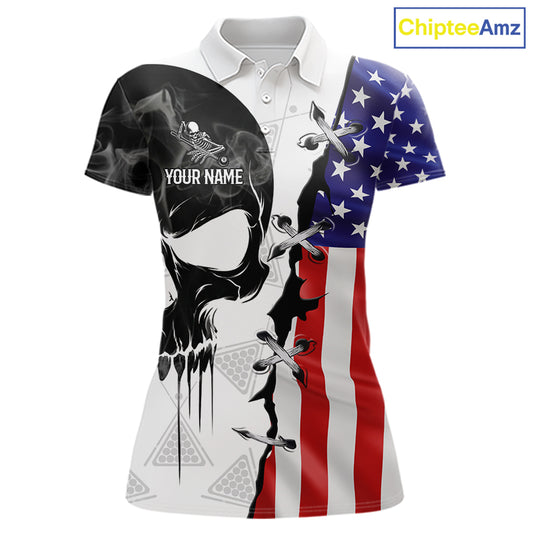 American Flag Smoke Skull Billiard Shirt For Women Custom 8 Ball Pool Team Jersey Polo & 1/4 Zip TDM6285