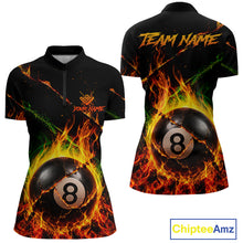 Load image into Gallery viewer, Crack fire flame 8 ball pool billiard quarter zip shirt for women designed for tournaments and league play.