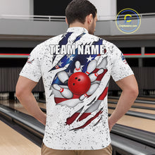 Load image into Gallery viewer, Back view of man wearing a white grunge American flag eagle bowling quarter zip shirt in a bowling alley.