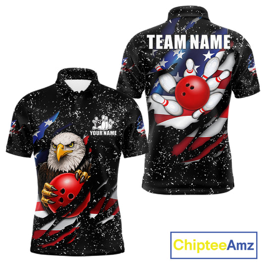 Black grunge American flag eagle bowling polo shirt for men with patriotic team graphics.