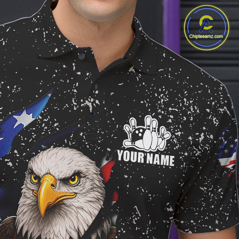 Close-up of a black grunge bowling polo shirt collar, buttons, and eagle flag artwork.