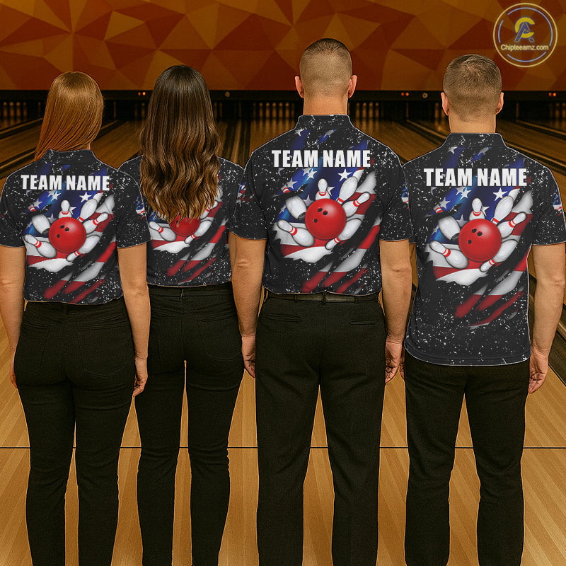 Back view of bowling team wearing matching patriotic eagle bowling shirts in a bowling alley.