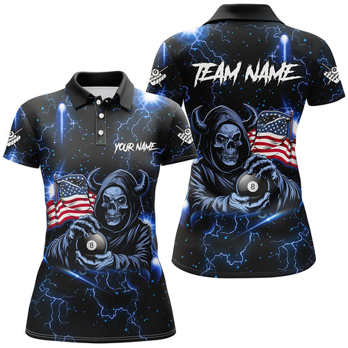 Blue Skull Thunder Lightning US Flag Custom Women Billiard Shirts, Patriotic Billiard Team Jerseys TDM1973