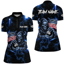 Load image into Gallery viewer, Blue Skull Thunder Lightning US Flag Custom Women Billiard Shirts, Patriotic Billiard Team Jerseys TDM1973