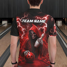 Load image into Gallery viewer, Man wearing red grim reaper lightning bowling polo shirt back view.