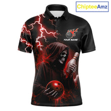 Load image into Gallery viewer, Red grim reaper lightning bowling team jersey polo shirt for men, custom bowling league apparel with skull artwork and bold lightning design.