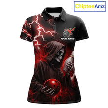 Load image into Gallery viewer, Red grim reaper lightning bowling team jersey polo shirt for women, custom bowling league apparel with skull artwork and bold lightning design.