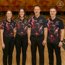Load image into Gallery viewer, Bowling team wearing matching red grim reaper lightning bowling jerseys front view.