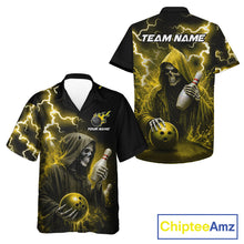Load image into Gallery viewer, Yellow grim reaper thunder lightning bowling Hawaiian shirt front and back view for men and women, custom bowling league aloha shirt with skull artwork and yellow lightning design.