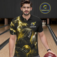 Load image into Gallery viewer, Man wearing yellow grim reaper lightning bowling polo shirt front view.