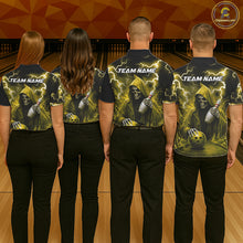 Load image into Gallery viewer, Bowling team wearing matching yellow grim reaper lightning bowling jerseys back view.