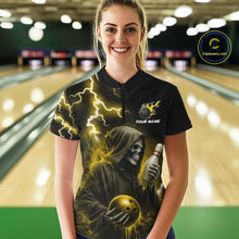 Load image into Gallery viewer, Woman wearing yellow grim reaper lightning bowling quarter zip shirt front view.
