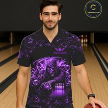 Load image into Gallery viewer, Man wearing purple grim reaper lightning bowling Hawaiian shirt front view.