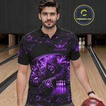 Load image into Gallery viewer, Man wearing custom purple grim reaper lightning bowling polo shirt front view.