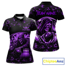 Load image into Gallery viewer, Custom purple grim reaper lightning bowling team jersey polo shirt for women, skull bowling league apparel with bold lightning graphics.