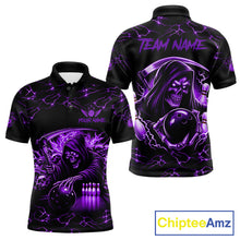 Load image into Gallery viewer, Custom purple grim reaper lightning bowling team jersey polo shirt for men, skull bowling league apparel with bold lightning graphics.