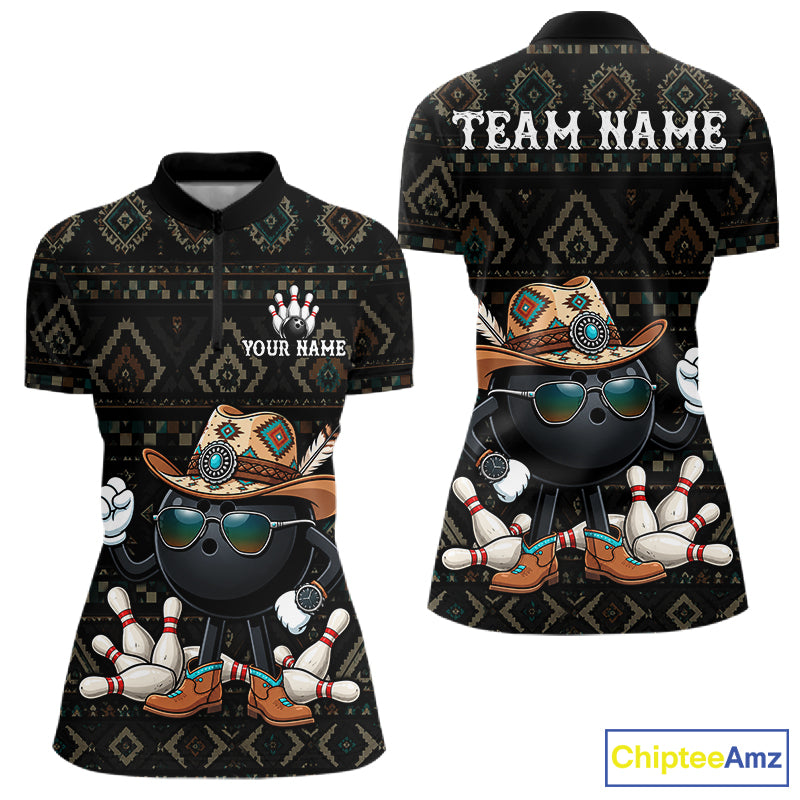 Funny Cowboy Tribal Pattern Bowling Shirts For Women Custom Bowling Team Jersey Polo & Quarter Zip TDM7812