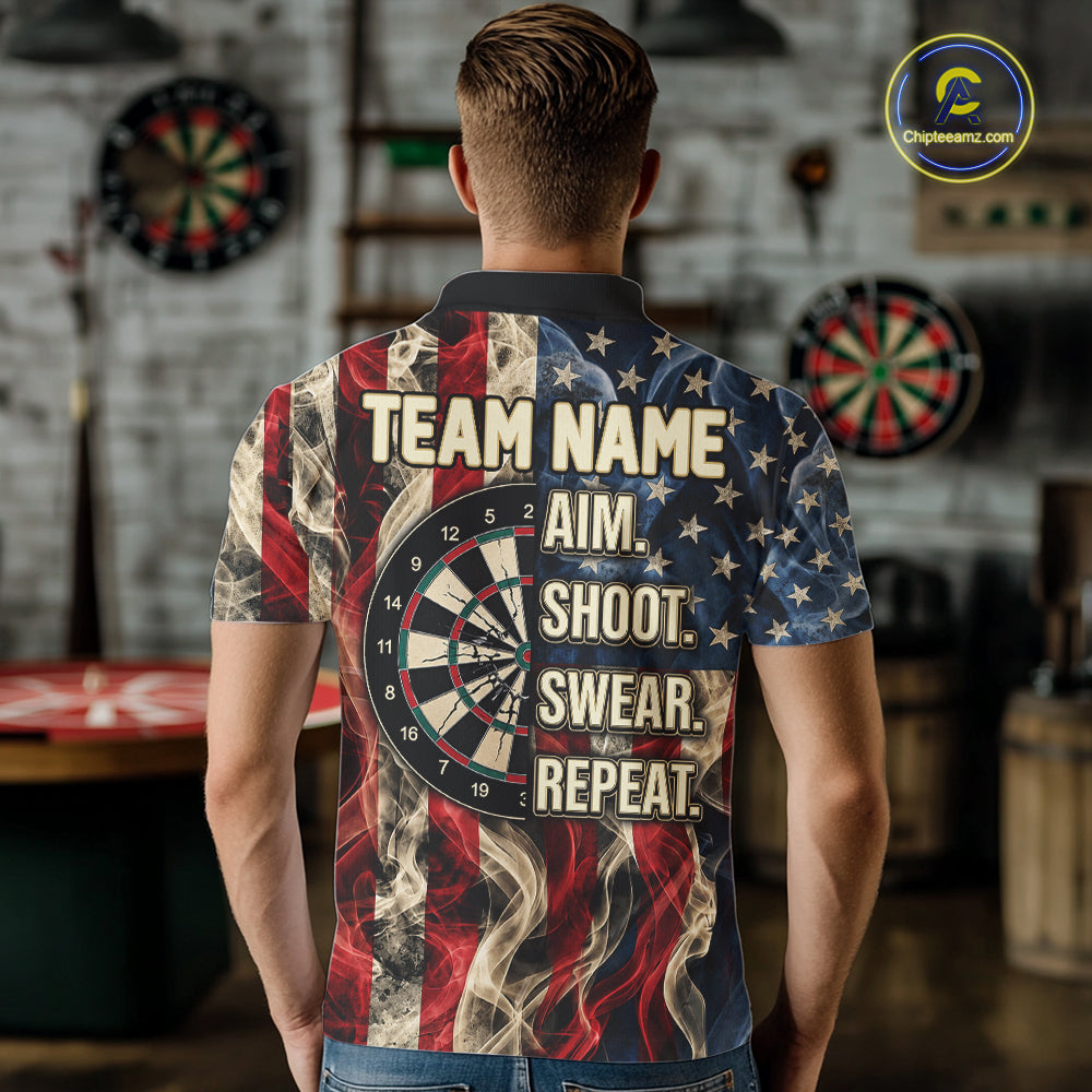 Vintage American Flag Aim Shoot Swear Repeat Darts Shirt For Men Custom Patriotic Darts Jersey TDM7815