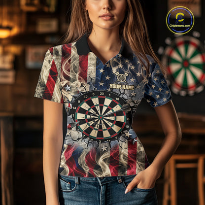 Vintage American Flag Aim Shoot Swear Repeat Darts Shirt For Women Custom Patriotic Darts Jersey TDM7815