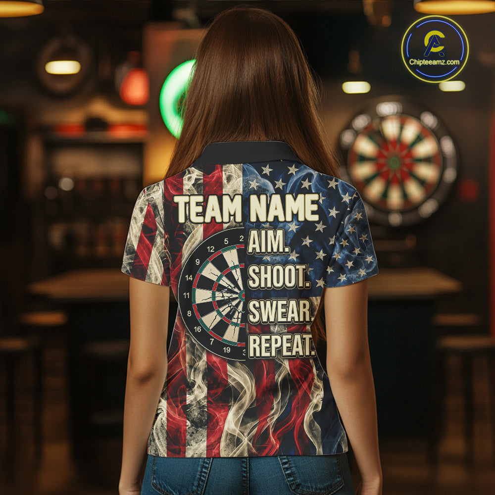 Vintage American Flag Aim Shoot Swear Repeat Darts Shirt For Women Custom Patriotic Darts Jersey TDM7815