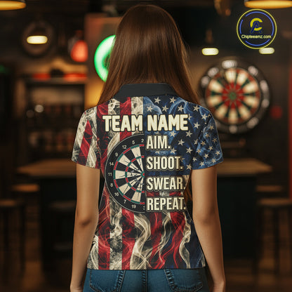 Vintage American Flag Aim Shoot Swear Repeat Darts Shirt For Women Custom Patriotic Darts Jersey TDM7815