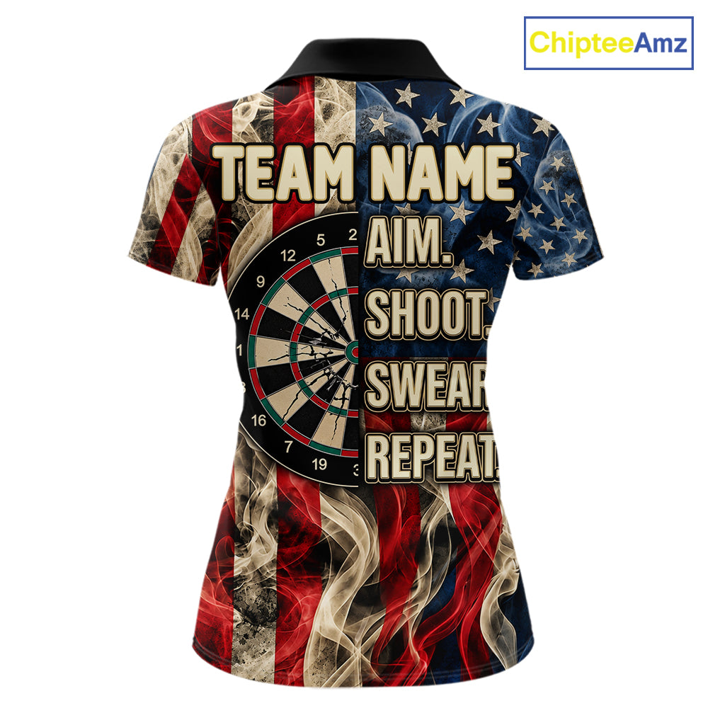 Vintage American Flag Aim Shoot Swear Repeat Darts Shirt For Women Custom Patriotic Darts Jersey TDM7815