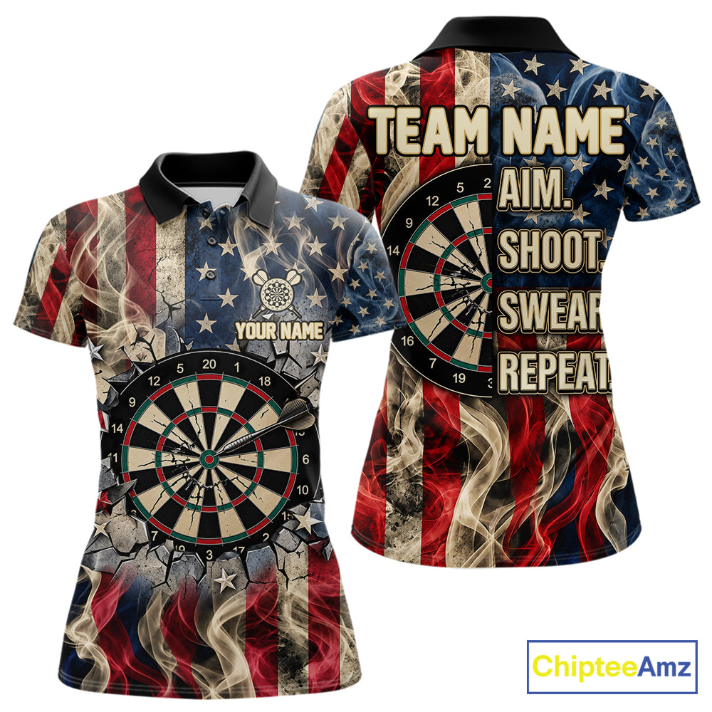 Vintage American Flag Aim Shoot Swear Repeat Darts Shirt For Women Custom Patriotic Darts Jersey TDM7815