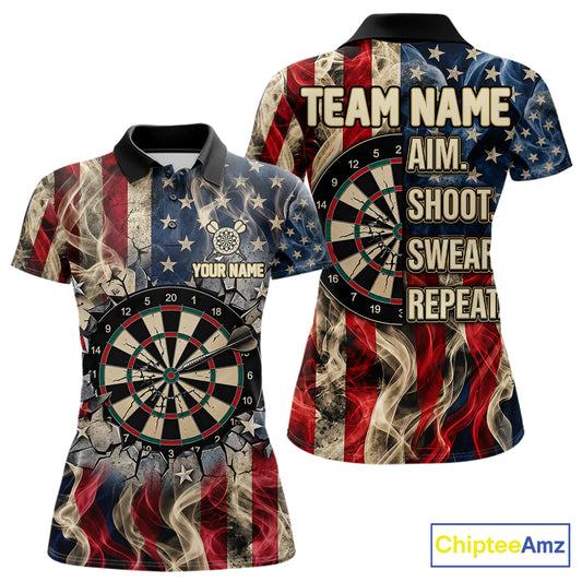 Vintage American Flag Aim Shoot Swear Repeat Darts Shirt For Women Custom Patriotic Darts Jersey TDM7815